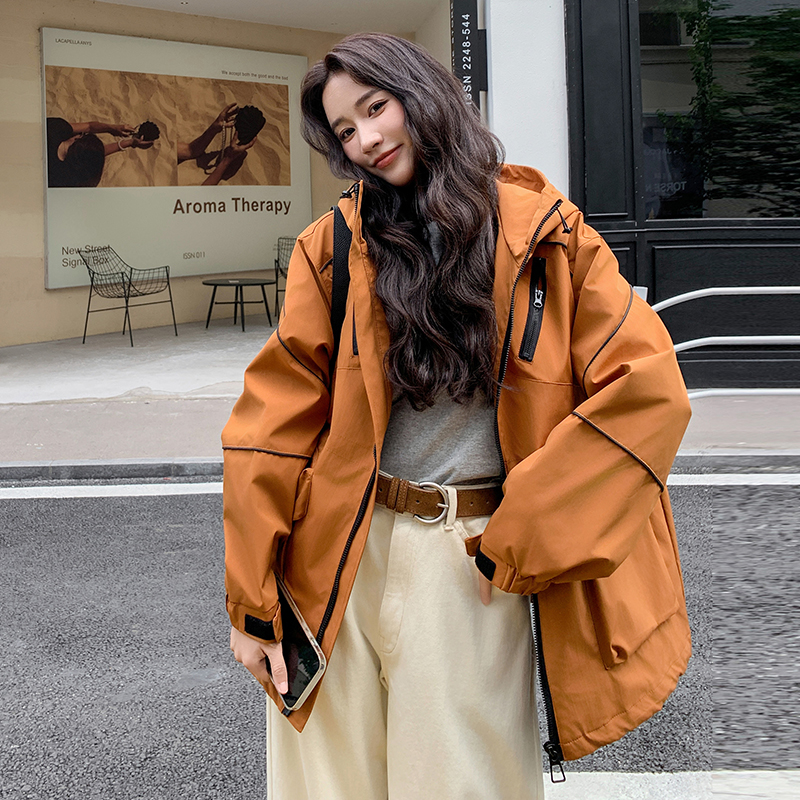 橘色工装风连帽上衣女2025年秋季新款韩版宽松时尚保暖冲锋衣外套图片