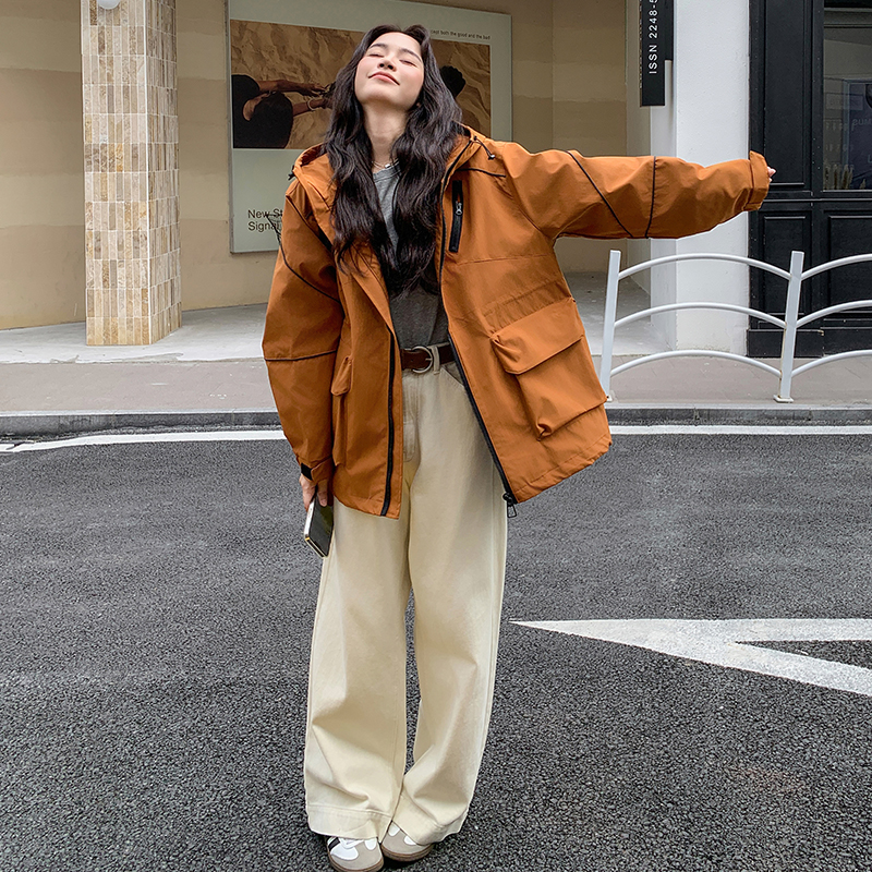 橘色工装风连帽上衣女2025年秋季新款韩版宽松时尚保暖冲锋衣外套图片