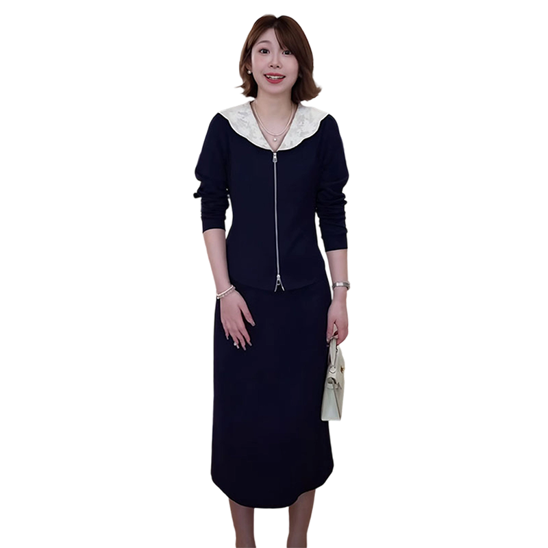 时尚气质减龄套装裙女秋季新款娃娃领领开衫拉链上衣中长裙两件套图片