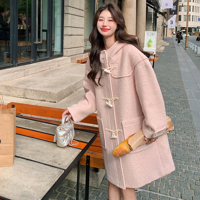 粉色减龄牛角扣毛呢外套女秋冬2025新款甜美学院风呢大衣小个子图片