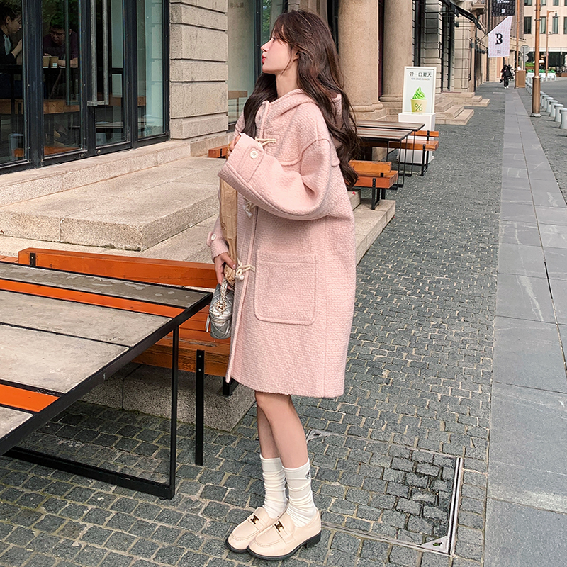 粉色减龄牛角扣毛呢外套女秋冬2025新款甜美学院风呢大衣小个子图片