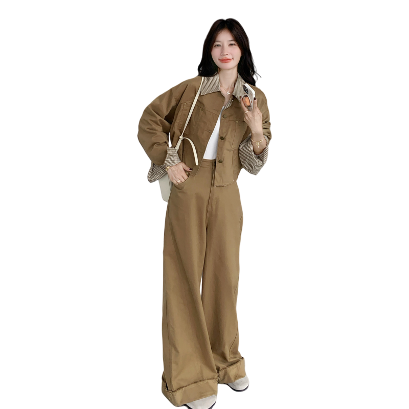新款！大量！格子拼接工装阔腿裤两件套2C133-8975-P195-K268,女装套装/套裙,2C133