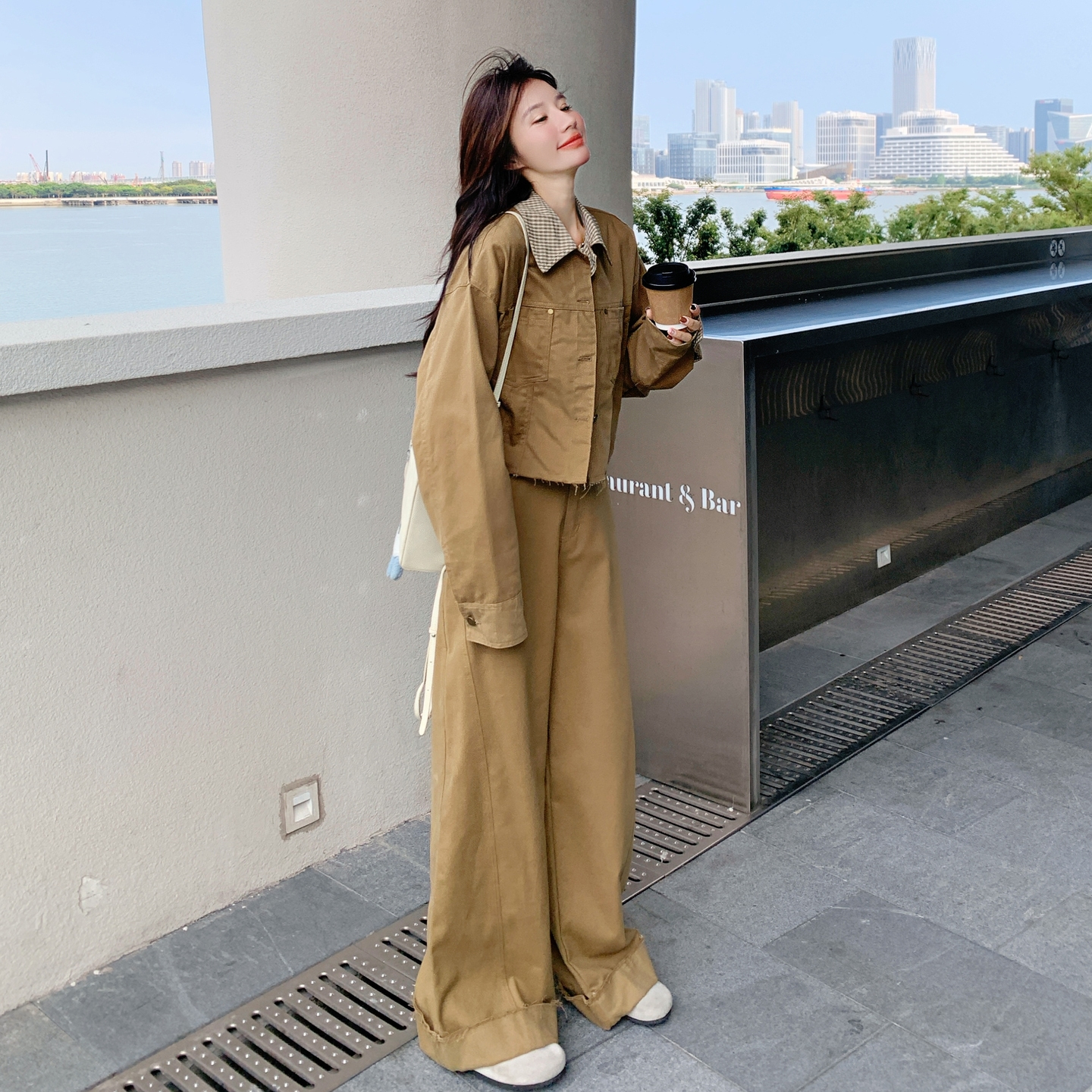新款！大量！格子拼接工装阔腿裤两件套2C133-8975-P195-K268,女装套装/套裙,2C133