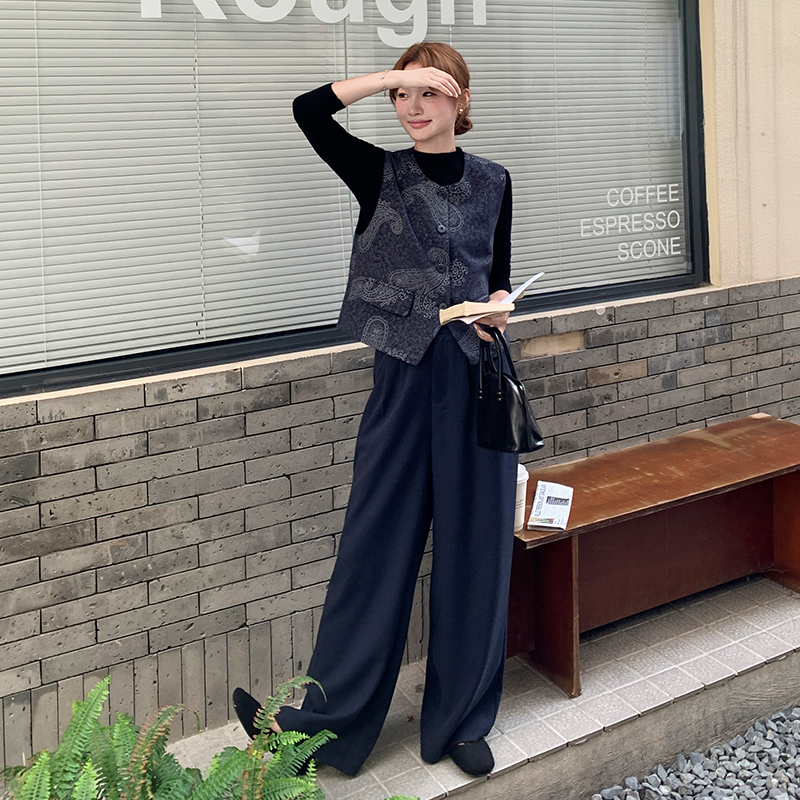 新款复古印花马甲阔腿裤三件套,女装套装/套裙,2D075