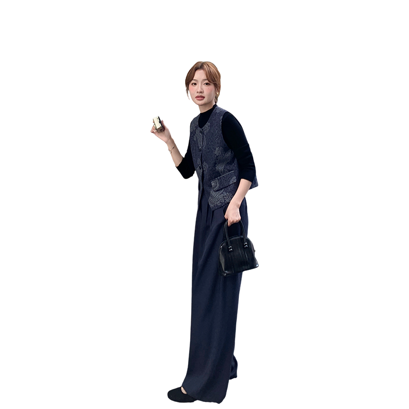 新款复古印花马甲阔腿裤三件套,女装套装/套裙,2D075