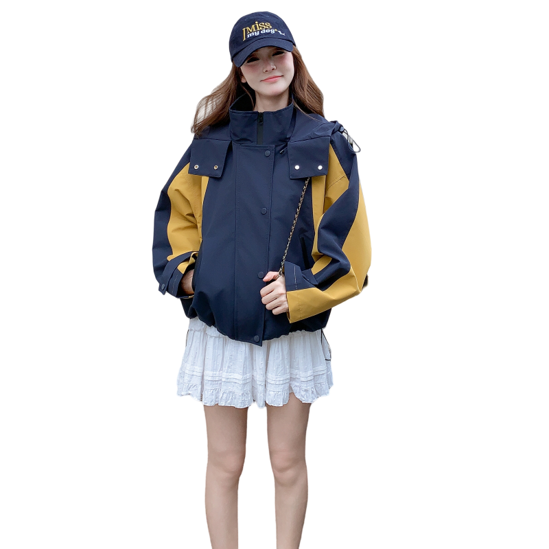 韩版时尚宽松休闲风百搭冲锋外套女秋季新款撞色拼接连帽夹克图片