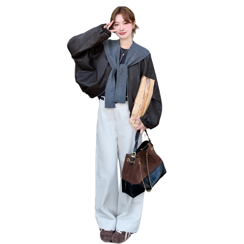 美拉德圆领小皮衣外套女秋季2026新款又酷又飒复古小个子pu皮夹克，女装皮衣，2C159