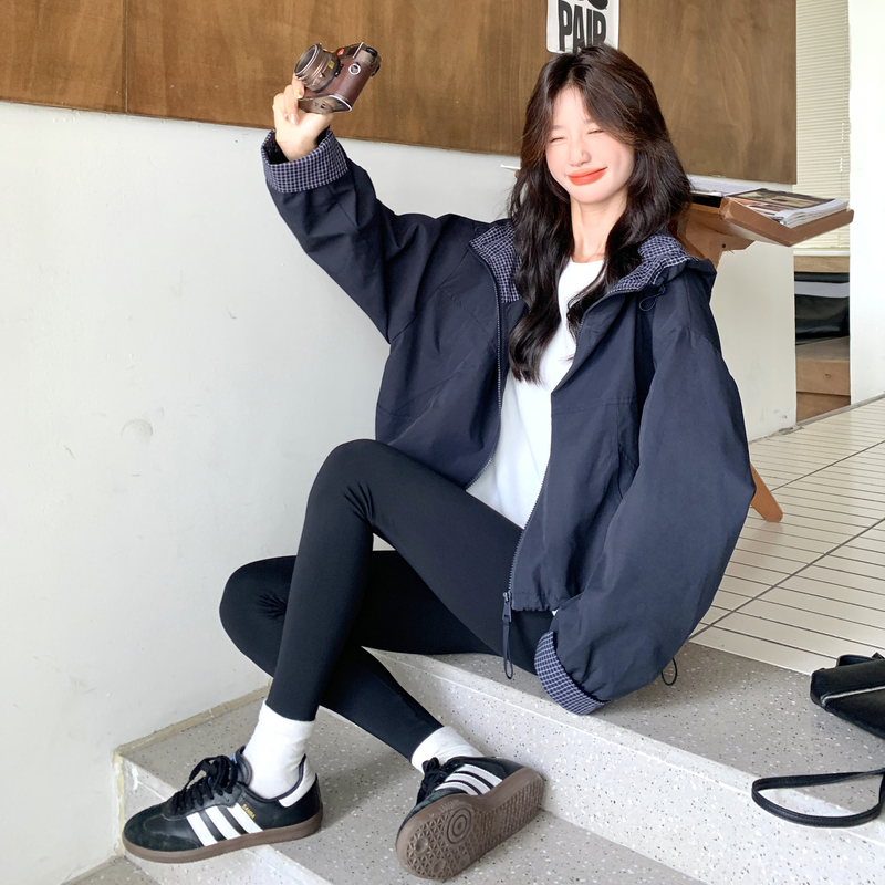 格子拼接休闲外套女2025秋季新款小个子超好看宽松百搭冲锋衣夹克图片