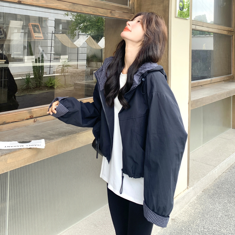 格子拼接休闲外套女2025秋季新款小个子超好看宽松百搭冲锋衣夹克图片