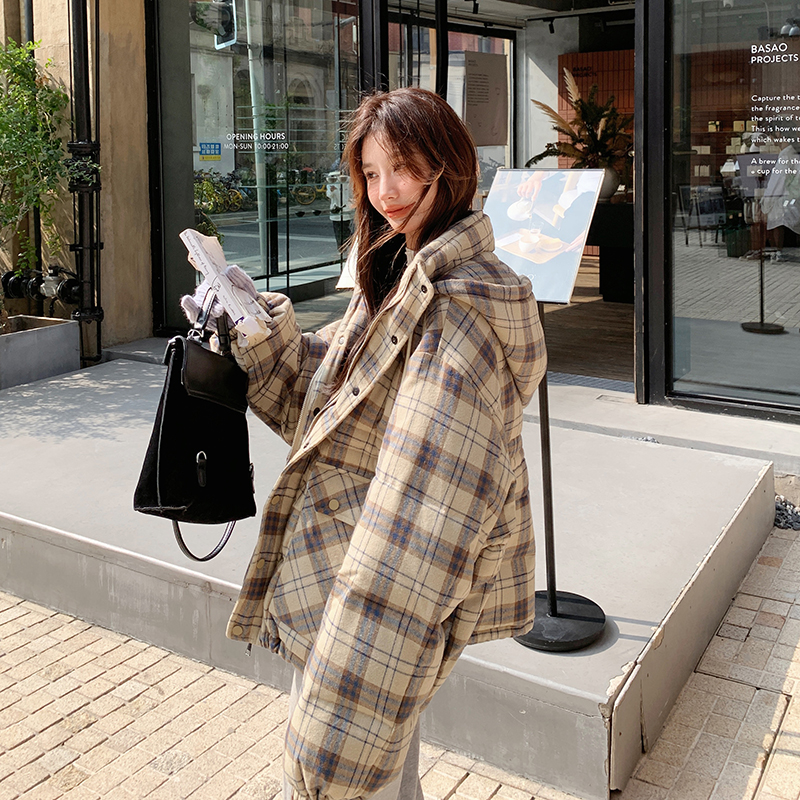 格纹设计感连帽羽绒服女短款2025冬季小个子保暖加厚90白鸭绒外套图片