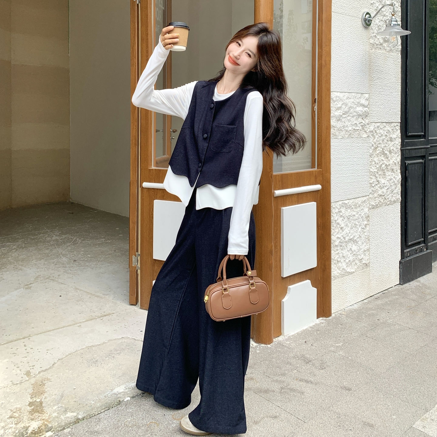 韩系休闲套装女2025秋季新款时尚设计感撞色拼接马甲阔腿裤三件套,女装套装/套裙,2C133