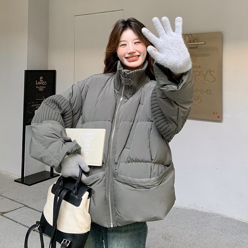 灰色针织拼接羽绒服女2025年冬季新款设计感小众流行90白鸭绒外套图片