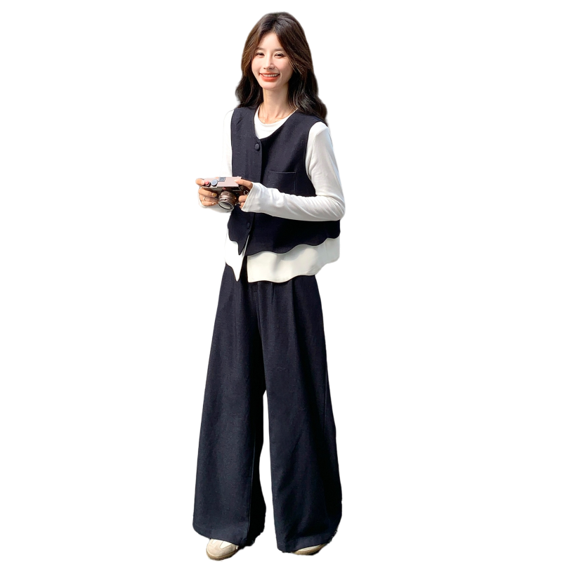 韩系休闲套装女2025秋季新款时尚设计感撞色拼接马甲阔腿裤三件套,女装套装/套裙,2C133