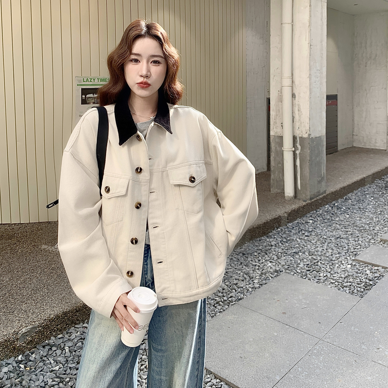 撞色翻领休闲米白色外套女春秋2025新款巨好看独特设计感夹克上衣图片
