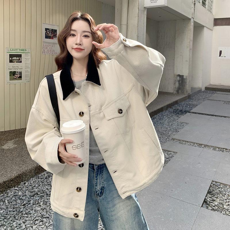 撞色翻领休闲米白色外套女春秋2025新款巨好看独特设计感夹克上衣图片