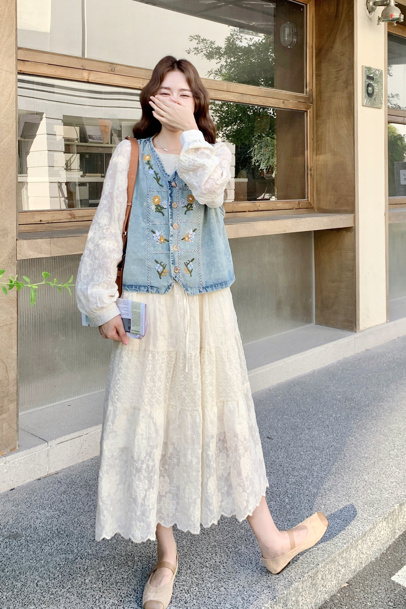 森系文艺蕾丝提花连衣裙两件套女2025秋季日系氛围感牛仔马甲套装图片