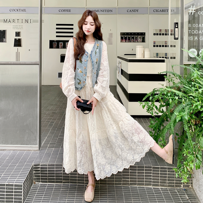 森系文艺蕾丝提花连衣裙两件套女2025秋季日系氛围感牛仔马甲套装图片