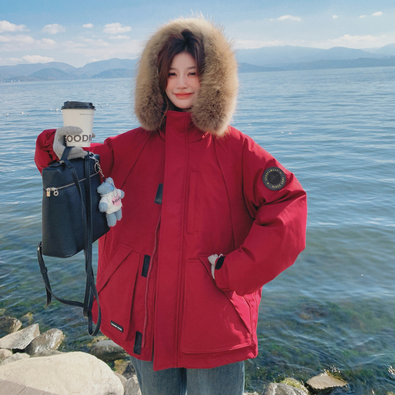 红色工装大毛领羽绒服女冬韩系宽松小个子保暖加厚90白鸭绒外套图片