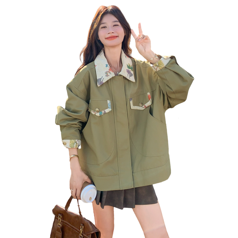韩系巨好看印花翻领风衣外套女2025秋季新款设计感小众减龄外套潮,女装短外套,2C375