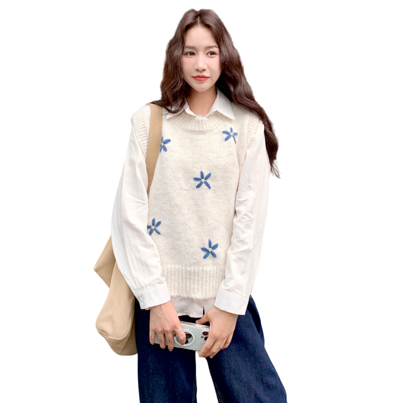 学院风碎花背心衬衫套装女春秋2025新款小个子韩系独特漂亮两件套，女装针织衫/毛衣，2C135