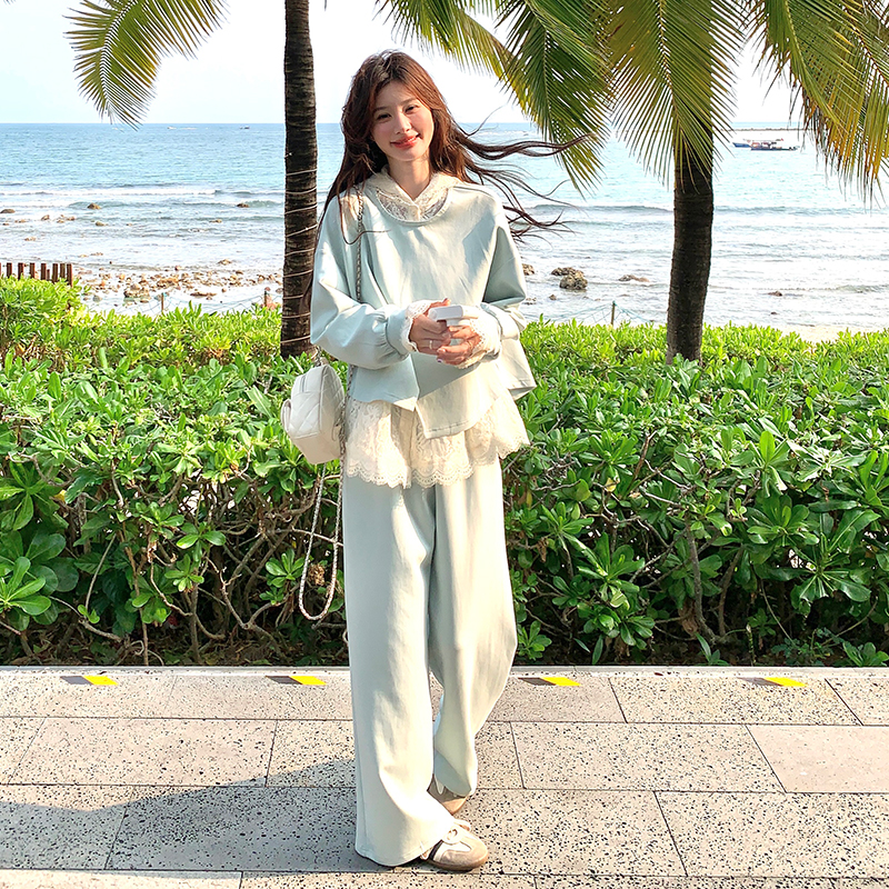 慵懒风设计感休闲蕾丝卫衣套装女潮流减龄2025秋新款阔腿裤三件套图片