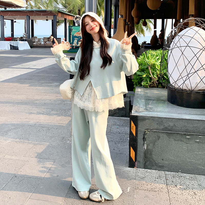 慵懒风设计感休闲蕾丝卫衣套装女潮流减龄2025秋新款阔腿裤三件套图片