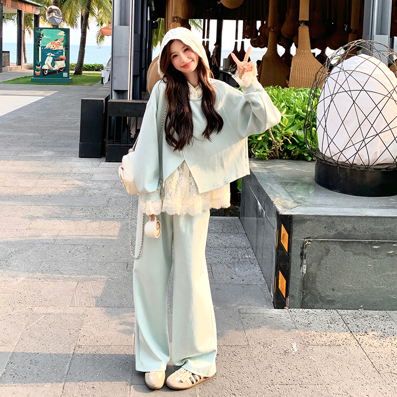 慵懒风设计感休闲蕾丝卫衣套装女潮流减龄2025秋新款阔腿裤三件套图片
