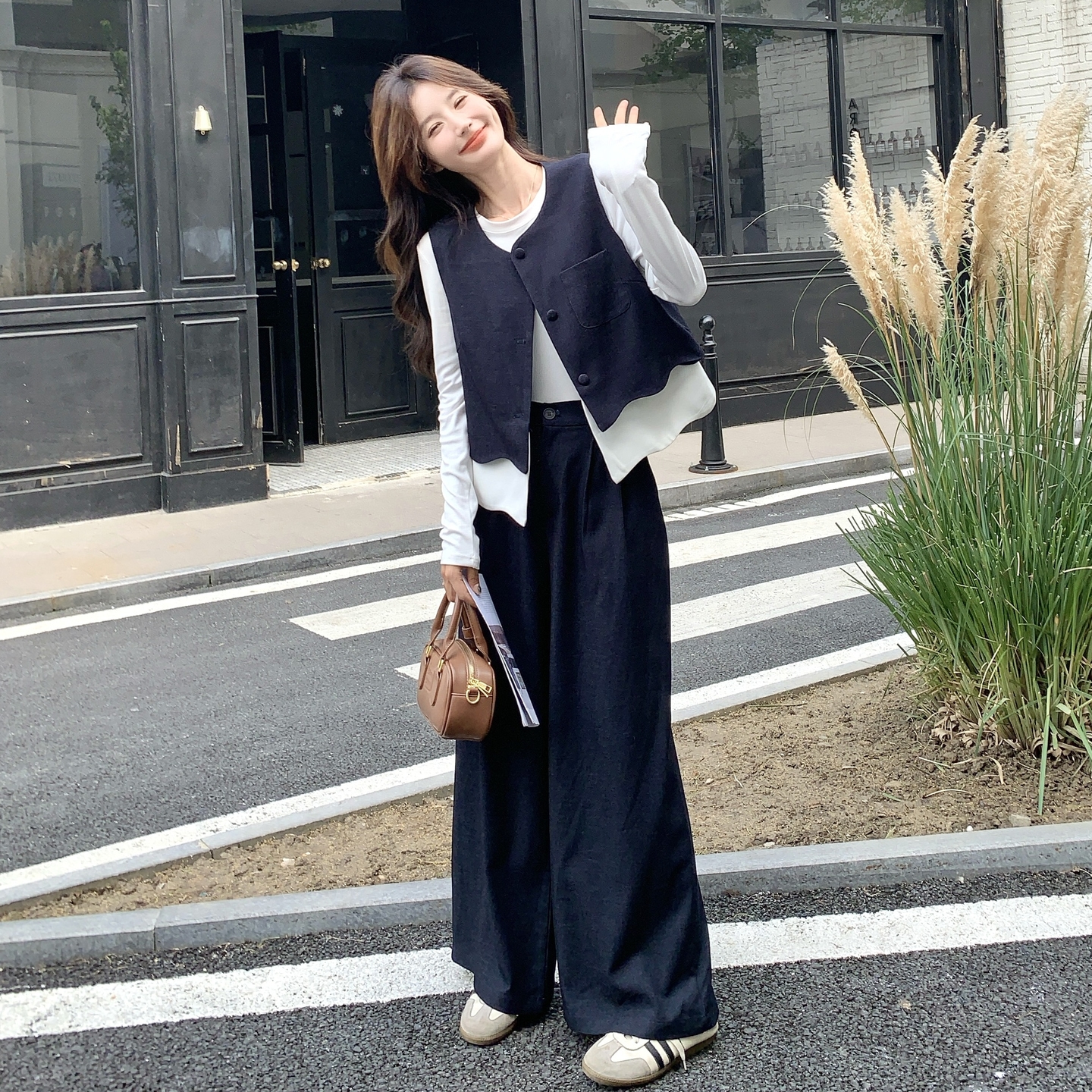 盐系气质撞色拼接马甲阔腿裤套装三件套女2025秋季韩系文艺减龄,女装套装/套裙,2C133