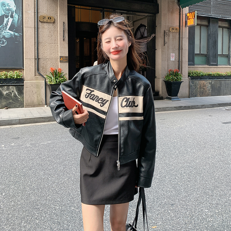 黑色美式复古街头刺绣皮衣外套女春秋超火好看高级感短机车服夹克图片