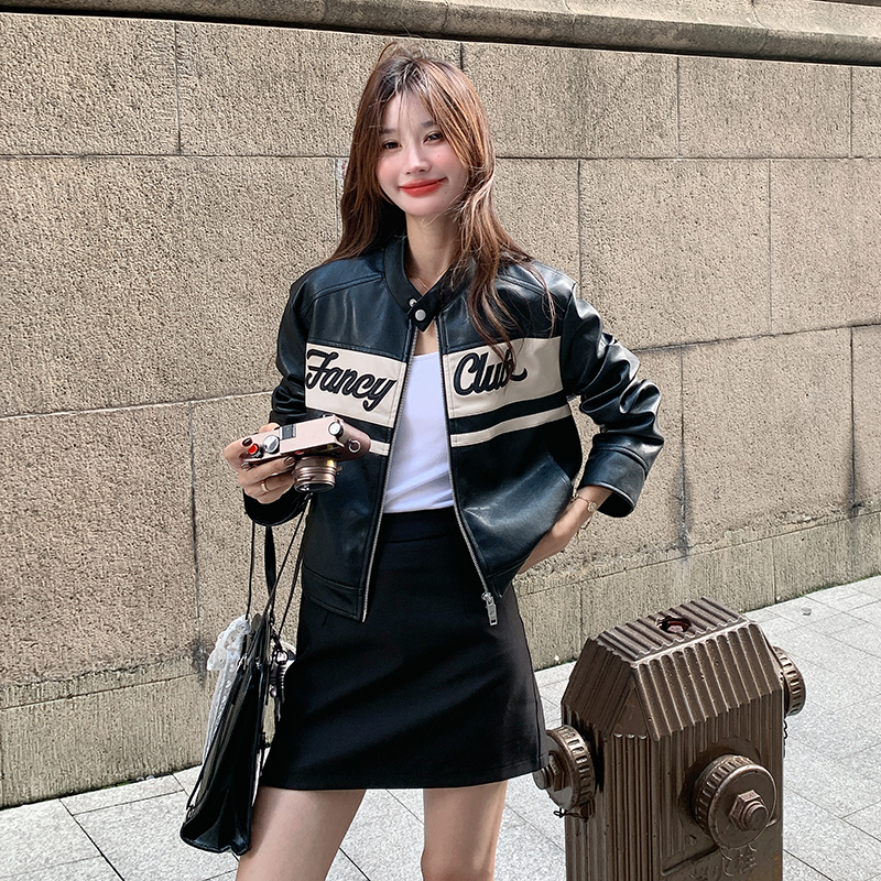 黑色美式复古街头刺绣皮衣外套女春秋超火好看高级感短机车服夹克图片