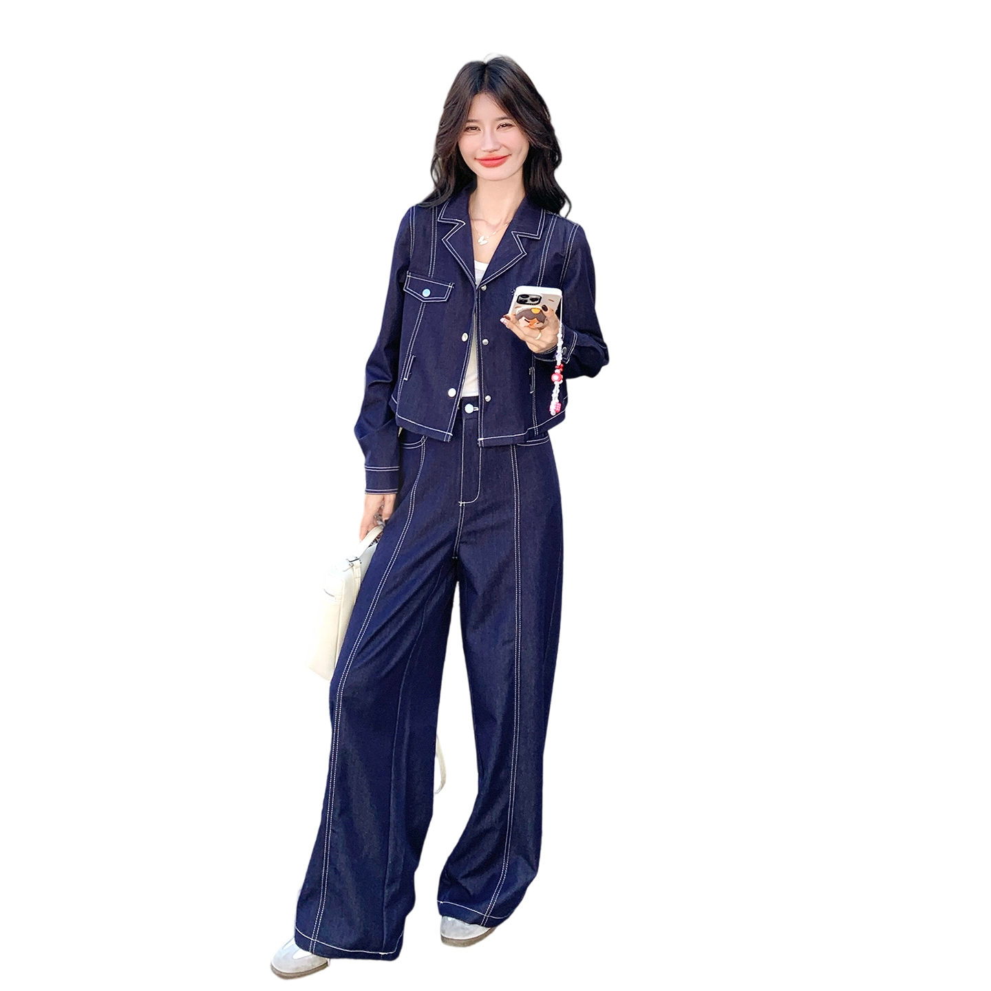 深蓝色时髦明线设计套装女秋季2025韩版设计感短外套阔腿裤两件套图片