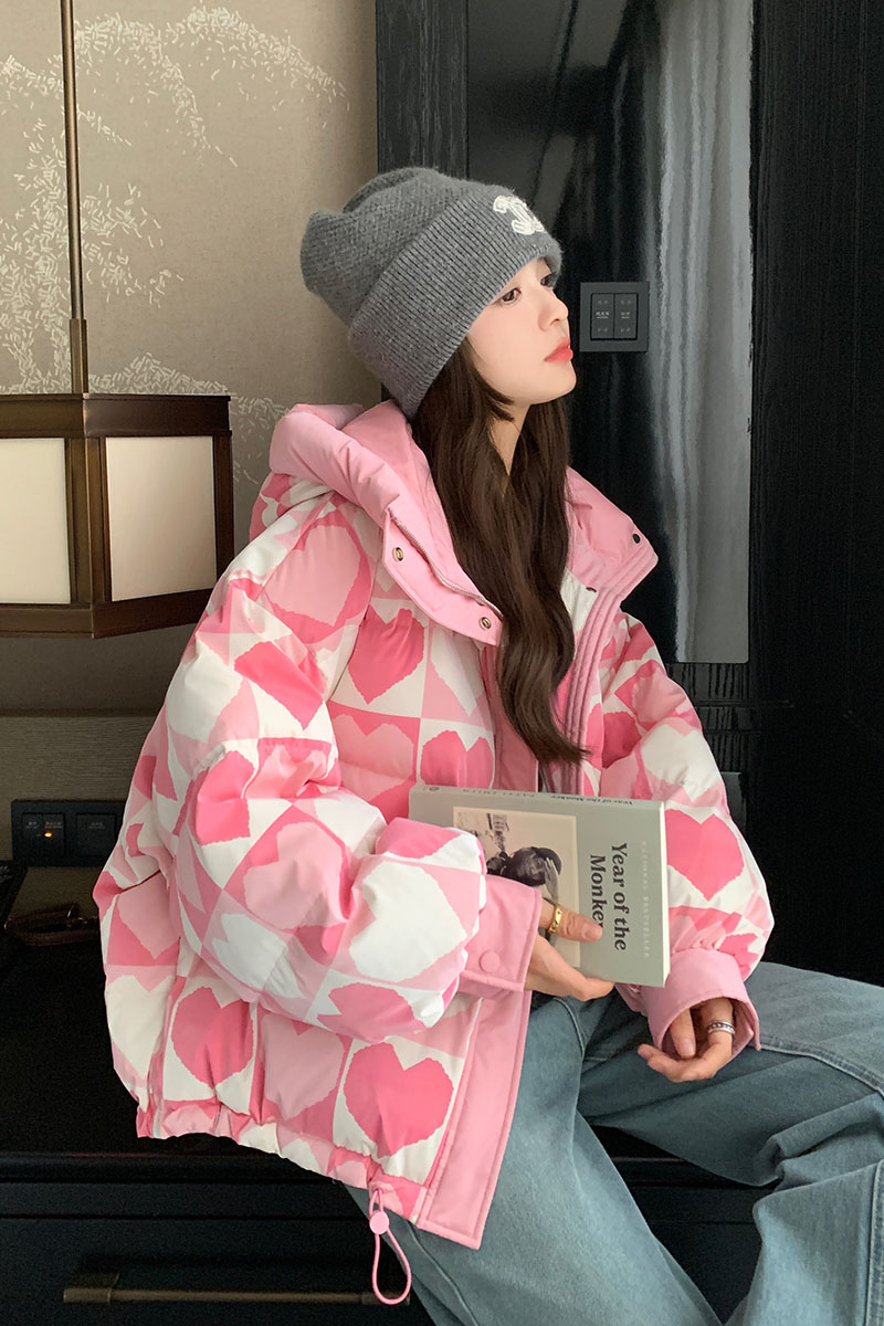 粉色印花羽绒服女冬季新款韩系高级感加厚小个子短款90白鸭绒外套图片
