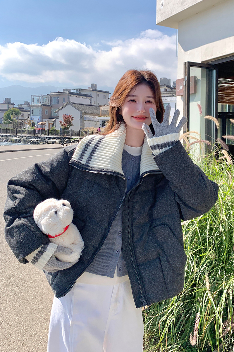 针织领拼接灰色羽绒服女冬季新款小个子短款面包服加厚90白鸭绒图片