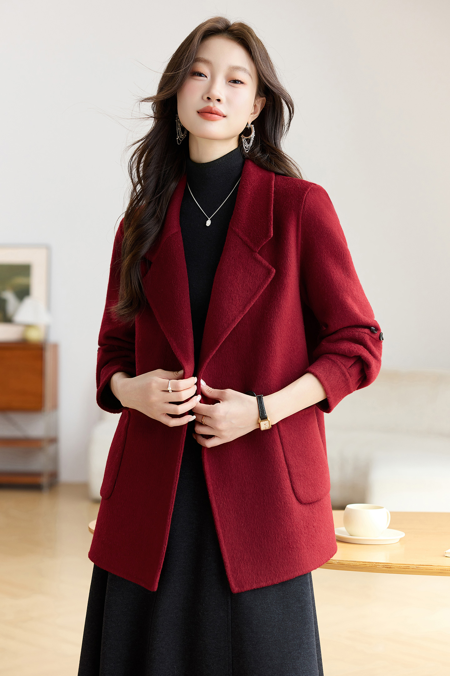 气质西装领中长款双面呢羊毛大衣女2025秋冬新款宽松显瘦毛呢外套图片