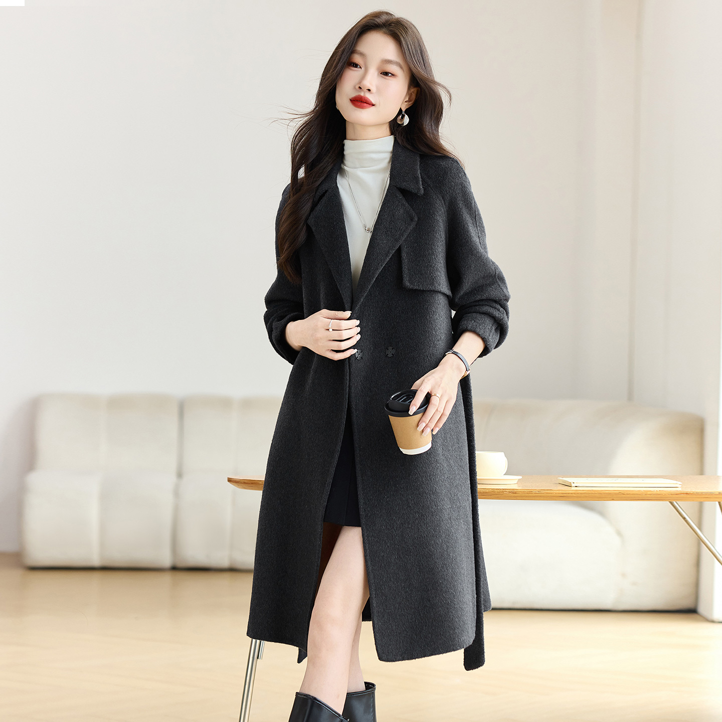 现货双面羊绒大衣女中长款西装领时尚收腰显瘦羊毛呢外套图片