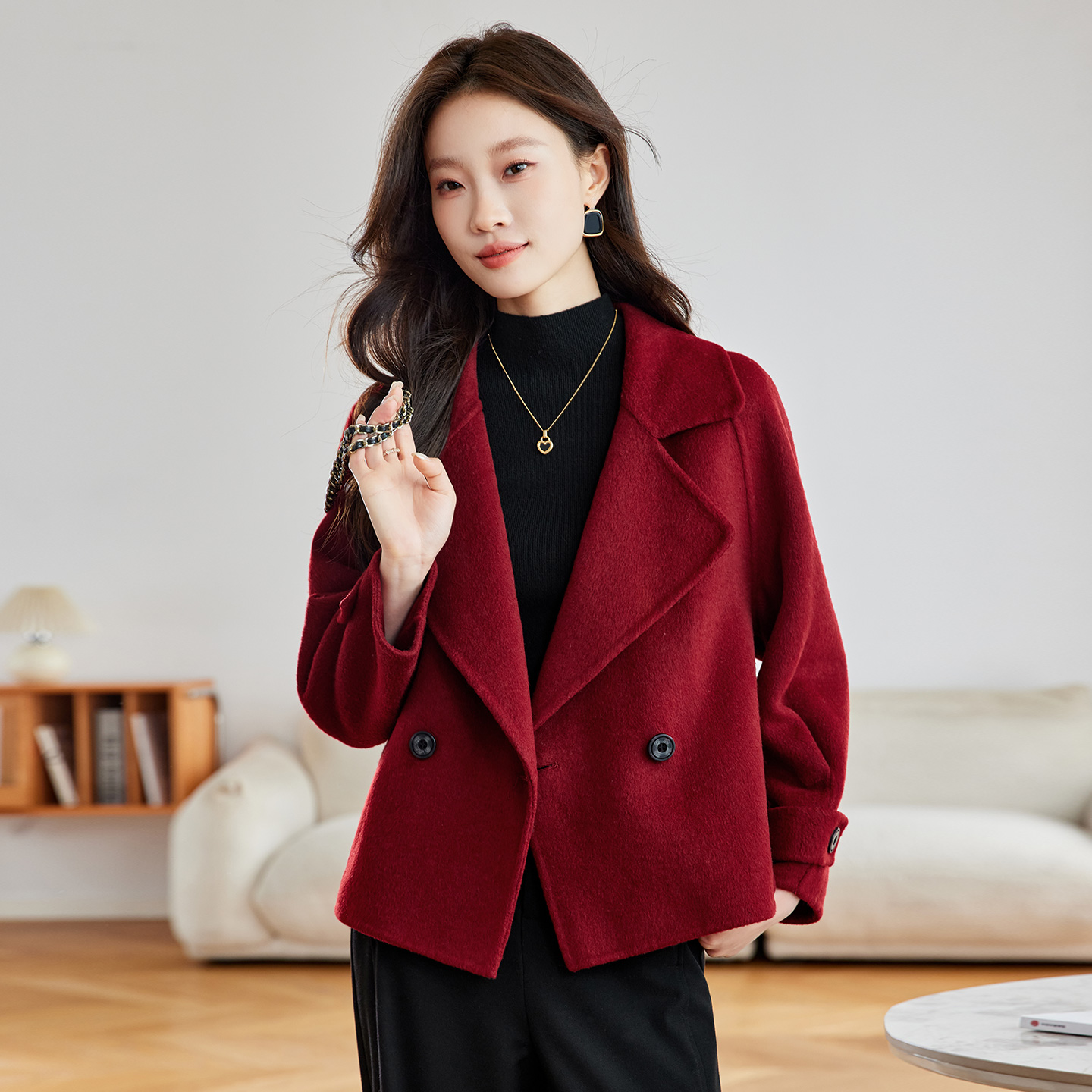 现货双面羊绒大衣女新款短款韩版宽松气质小个子羊毛呢外套图片