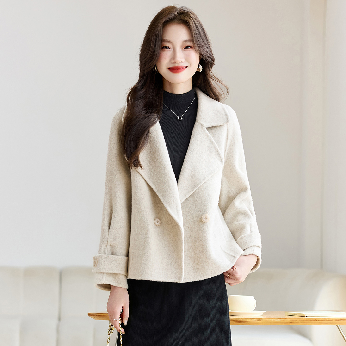 现货双面羊绒大衣女新款短款韩版宽松气质小个子羊毛呢外套图片