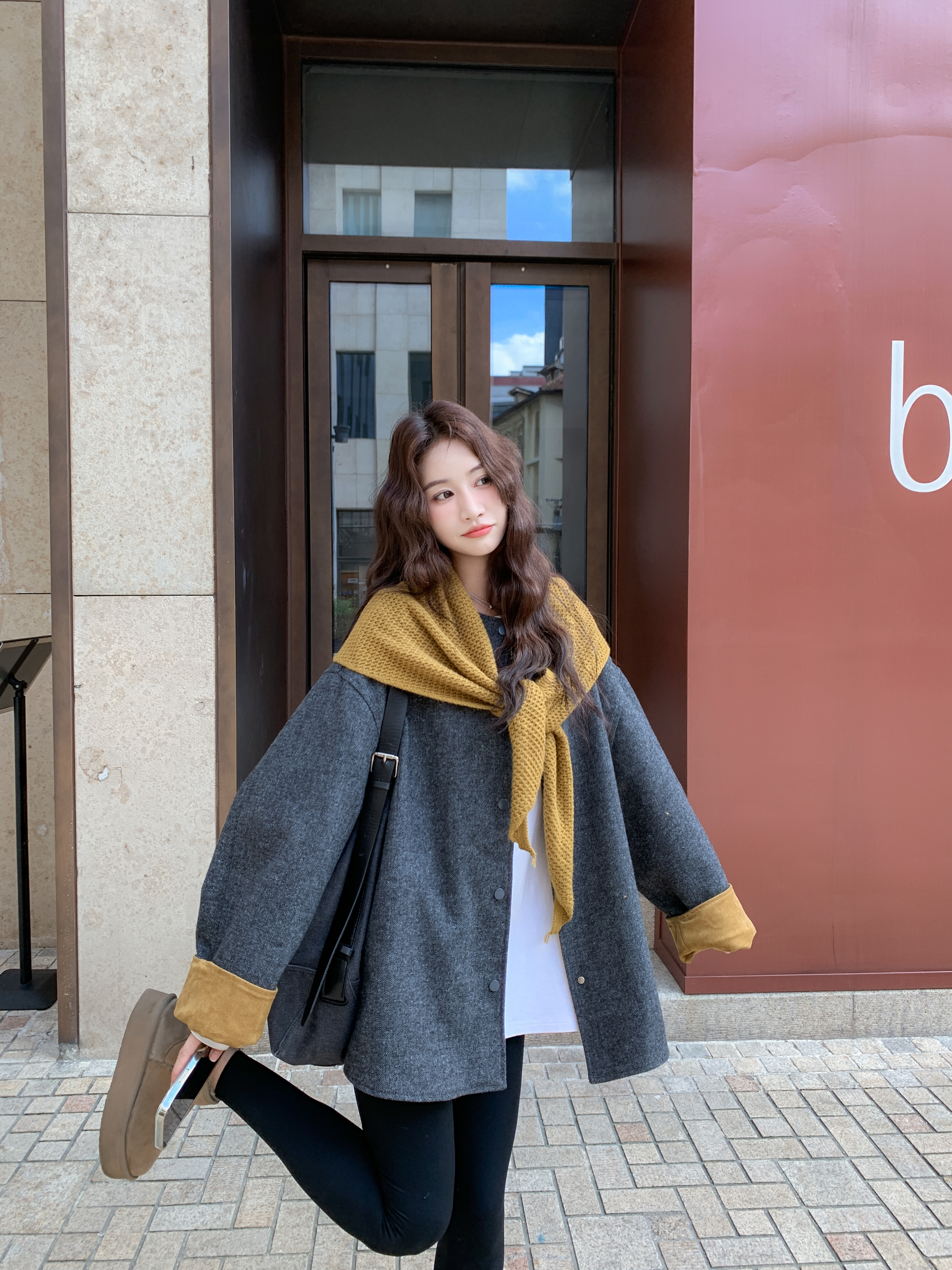 撞色针织披肩毛呢外套女2025秋冬新款复古慵懒风宽松百搭呢子大衣图片