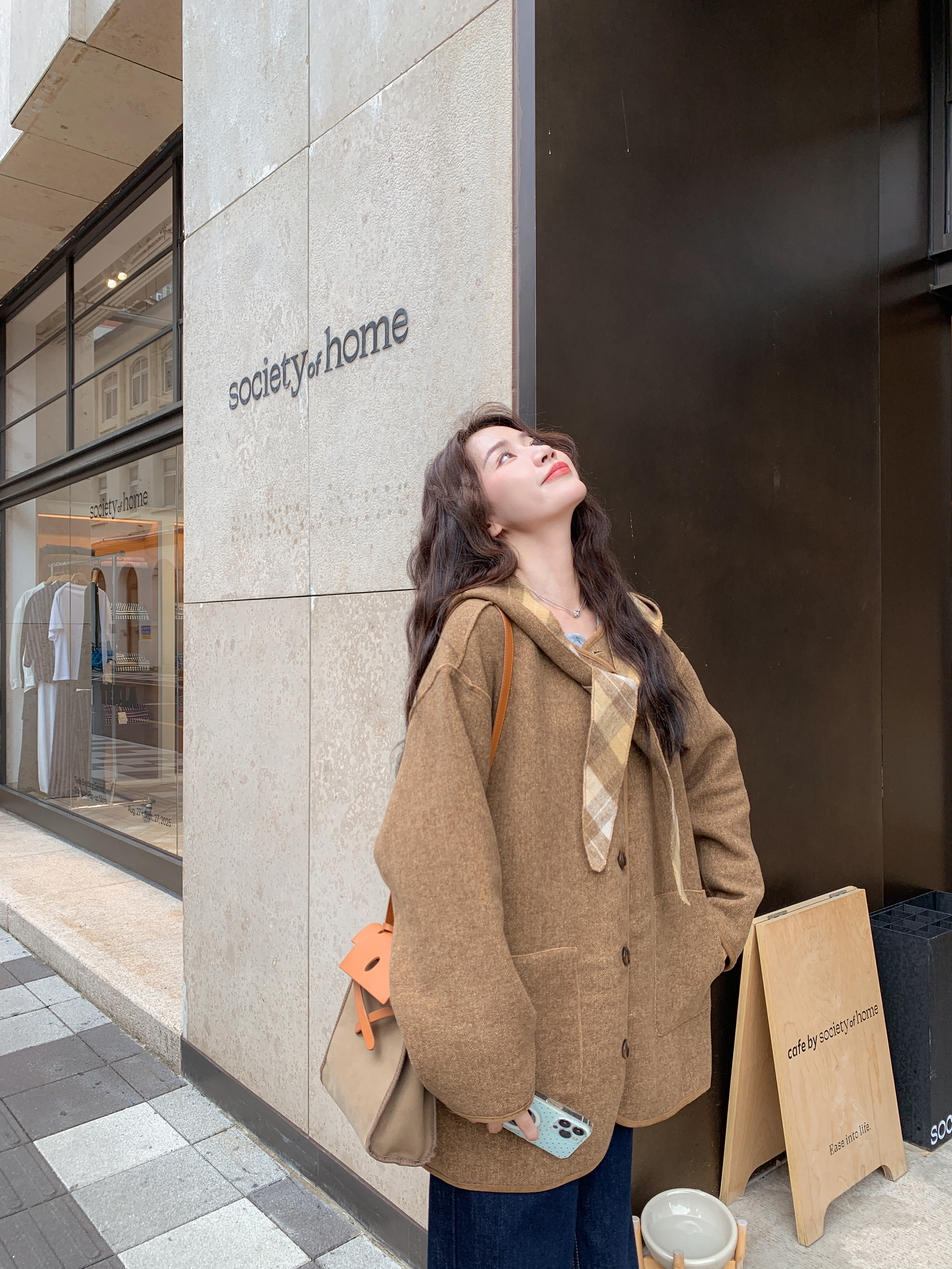 卡其色两面穿毛呢外套女2025冬季新款韩系休闲小个子连帽呢子大衣图片