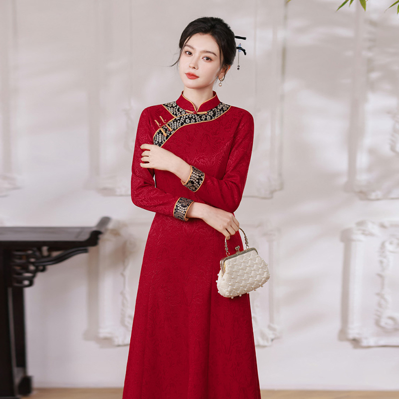 新中式风立领钉珠网纱提花加绒旗袍2655P155，女装汉服/婚纱/旗袍/礼服，乐衣轩