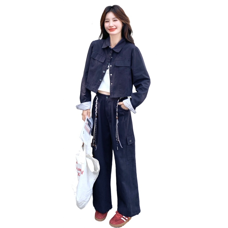 工装风牛仔外套套装女2025秋季新款显瘦气质减龄休闲阔腿裤两件套图片