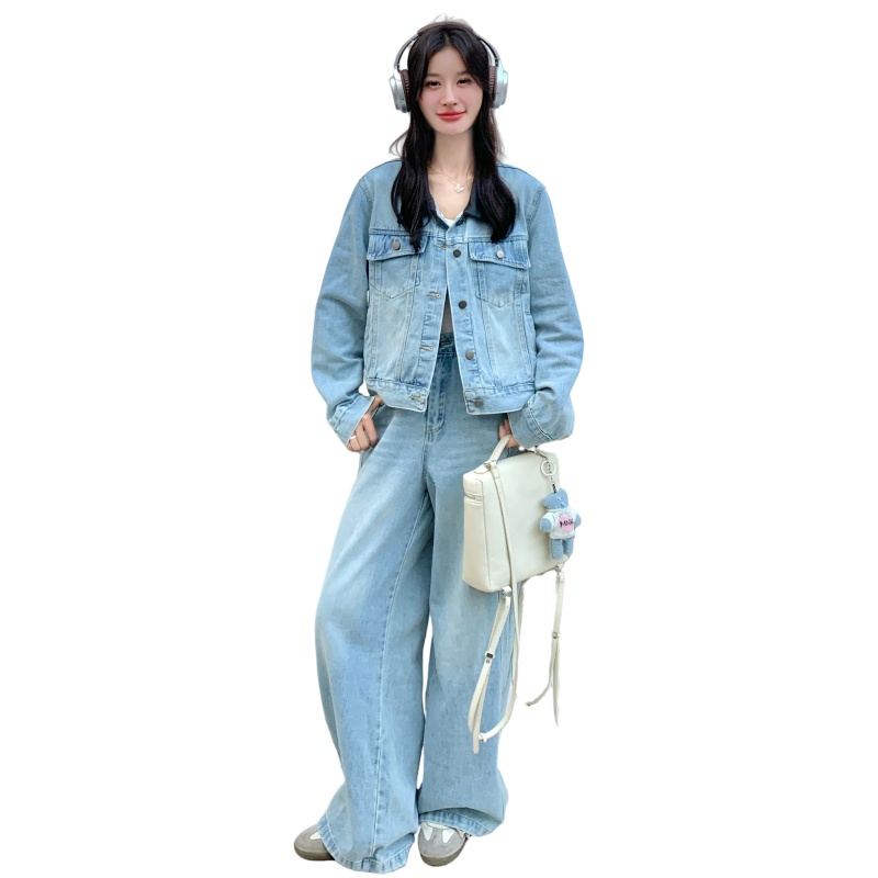 巨好看撞色翻领牛仔上衣阔腿裤套装女春秋漂亮韩系两件套流行爆款图片