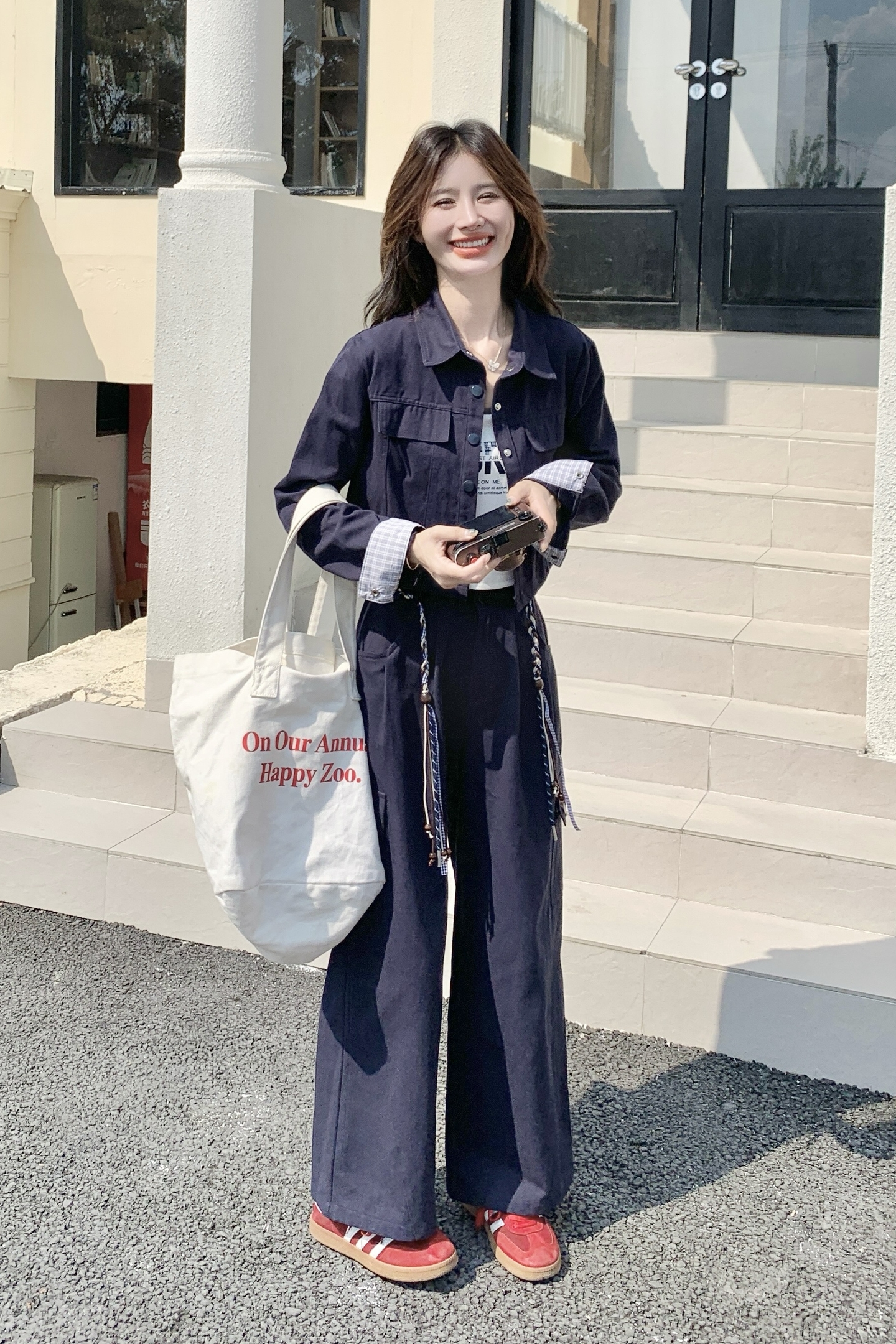 气质藏青色衬衫阔腿裤套装女春秋ootd穿搭两件套爆款高级感巨好看图片