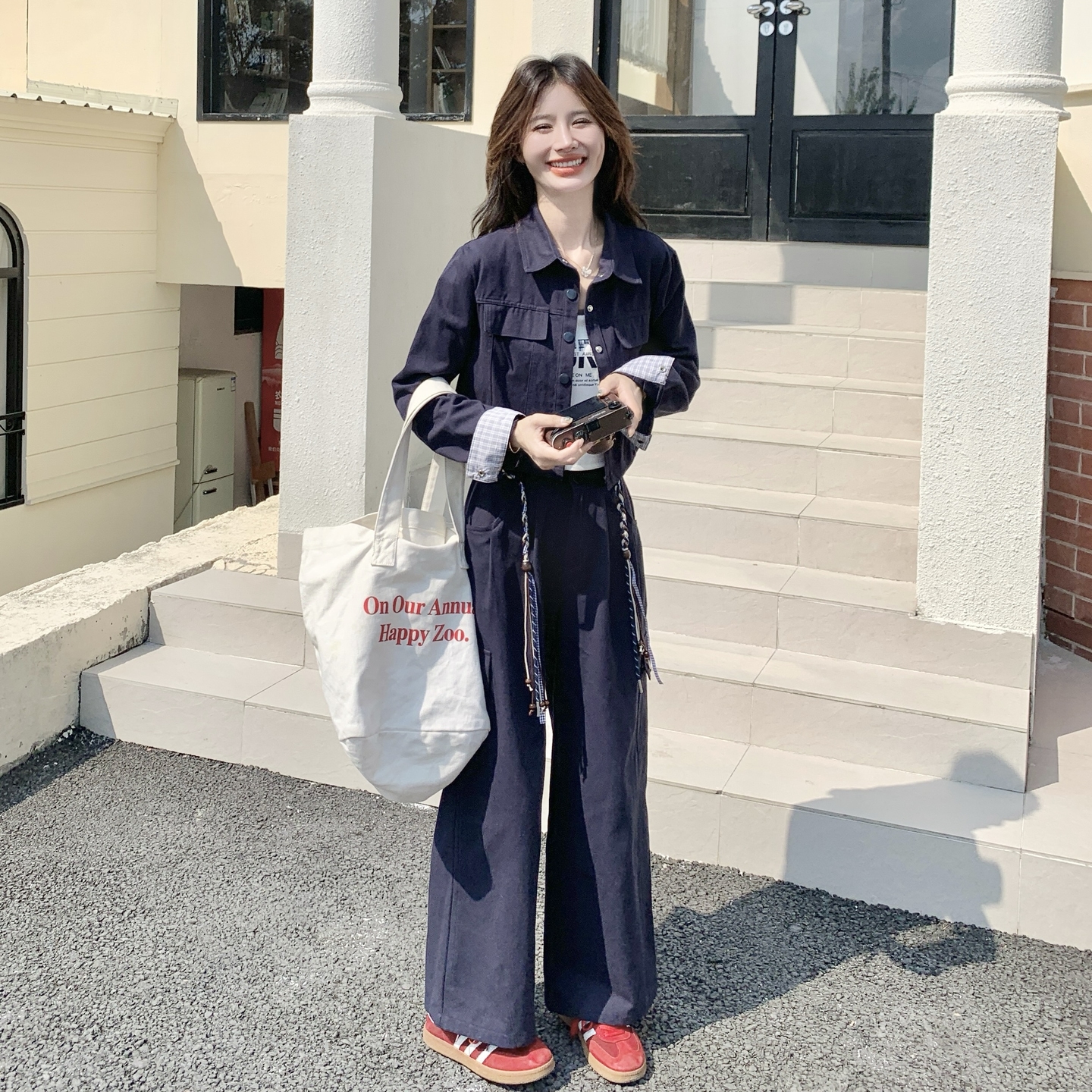 气质藏青色衬衫阔腿裤套装女春秋ootd穿搭两件套爆款高级感巨好看图片