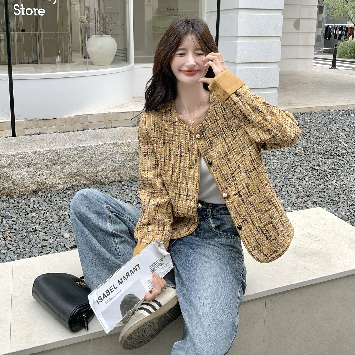2025秋季新款时尚百搭圆领长袖短外套女小个子高级感宽松显瘦上衣,女装短外套,2C271