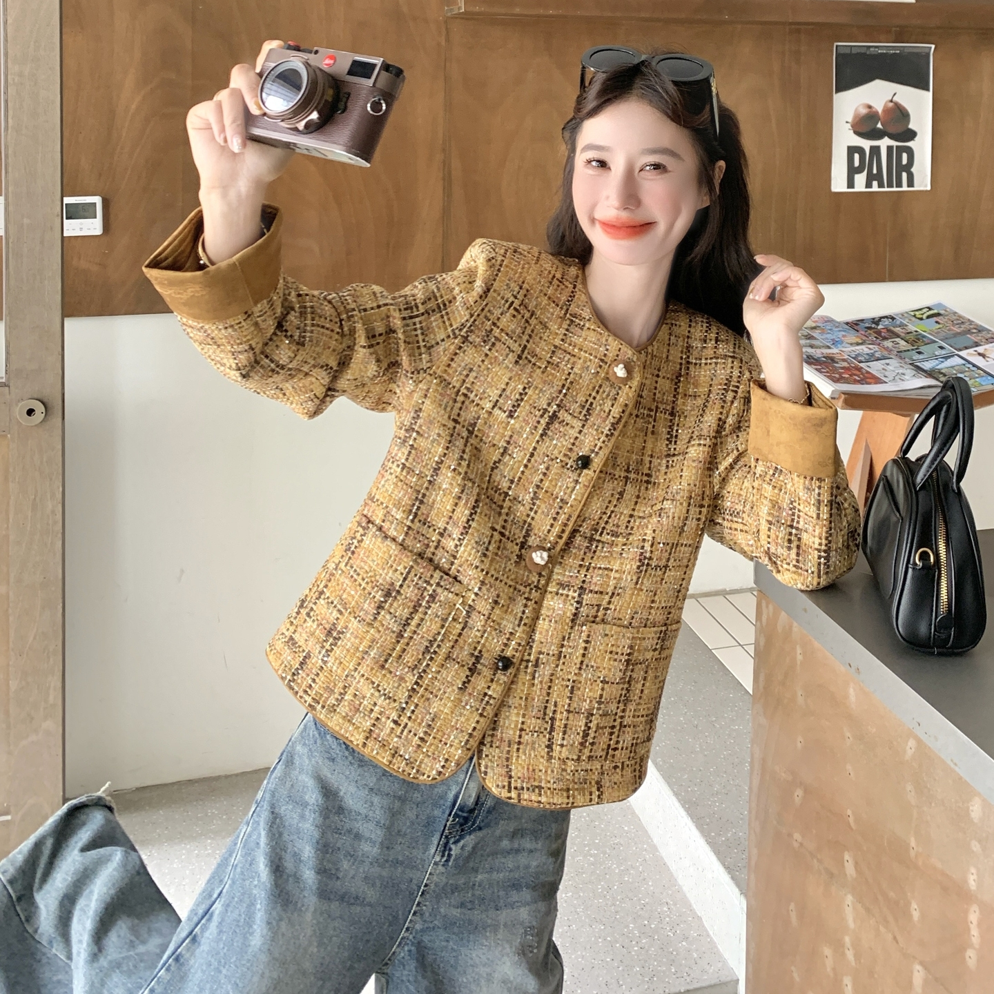 2025秋季新款时尚百搭圆领长袖短外套女小个子高级感宽松显瘦上衣,女装短外套,2C271