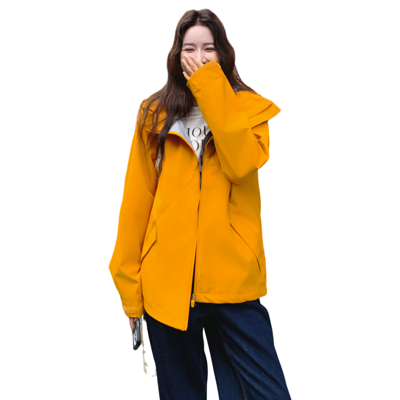 休闲工装黄色冲锋衣连帽外套女春秋2025新款小个子独特超好看上衣,女装风衣,2C028