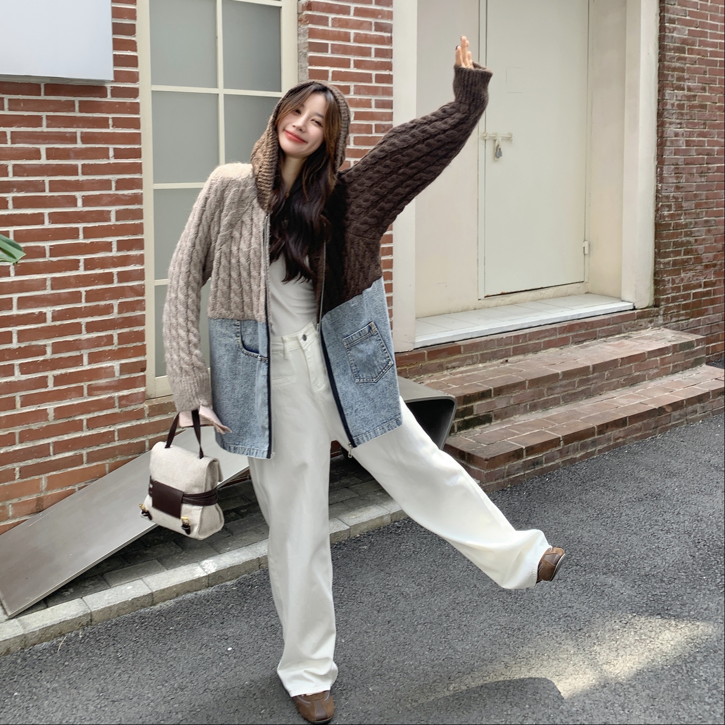 时尚设计感慵懒风连帽牛仔拼接开衫女装秋冬新款时尚百搭针织外套,女装短外套,2C028