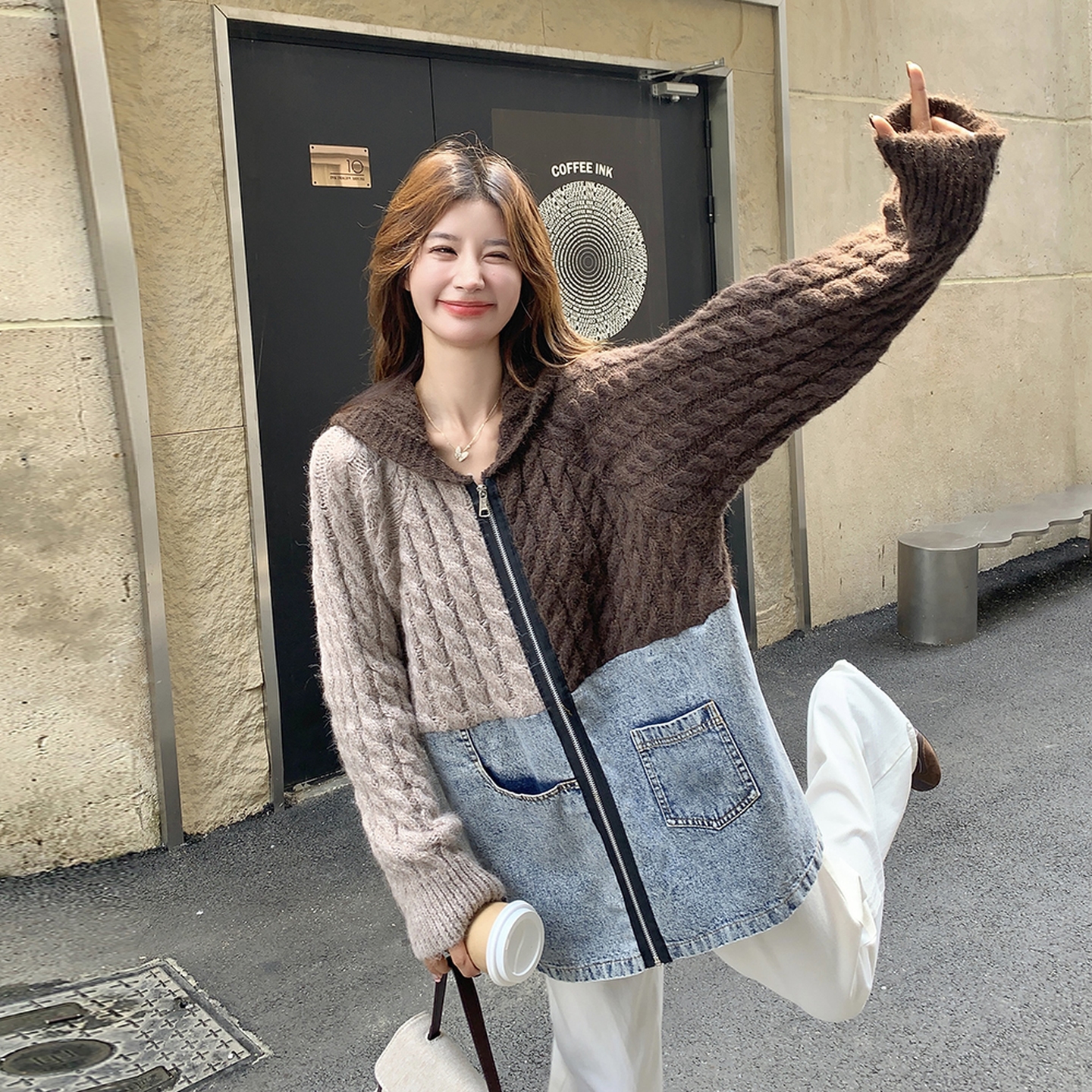 时尚设计感慵懒风连帽牛仔拼接开衫女装秋冬新款时尚百搭针织外套,女装短外套,2C028