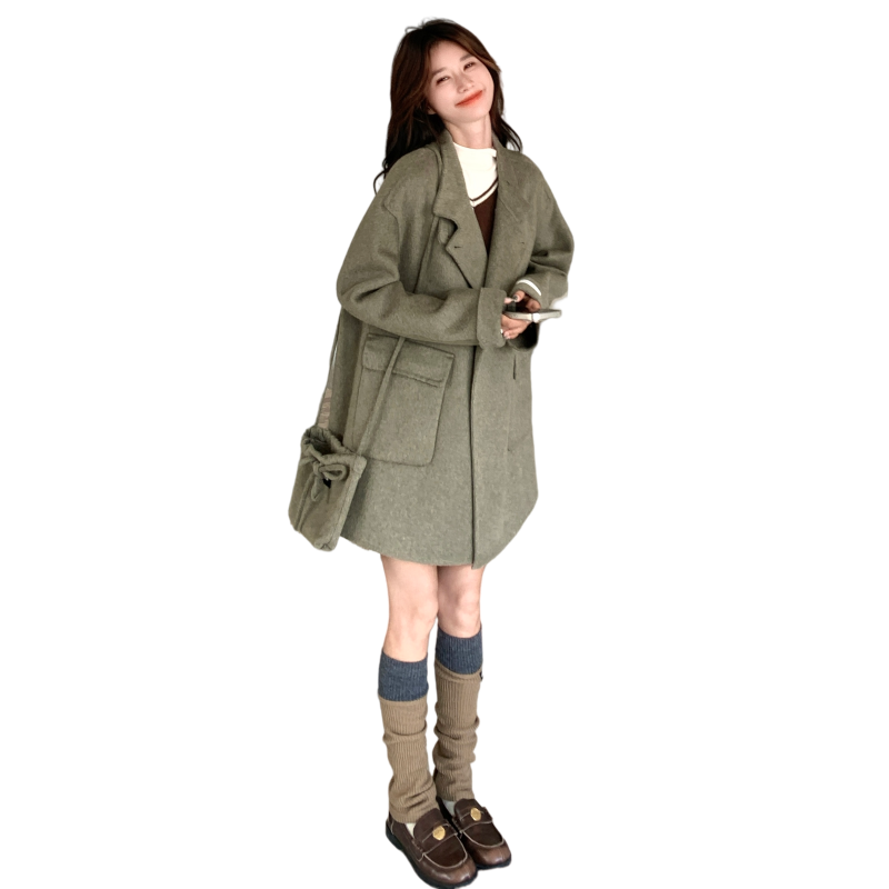 韩系chic绿色双面羊绒大衣女秋冬超火好看高级小众中长毛呢厚外套图片